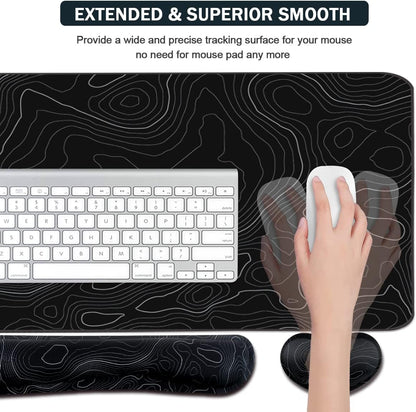 Topographic Mouse Pad Set, Extended Mouse Pad+Keyboard Wrist Rest, Memory Foam Ergonomic Easy Typing, 4Pcs (35.4×15.7 in) Desk Pad Set for Home Office Study Game-Topographic Contour