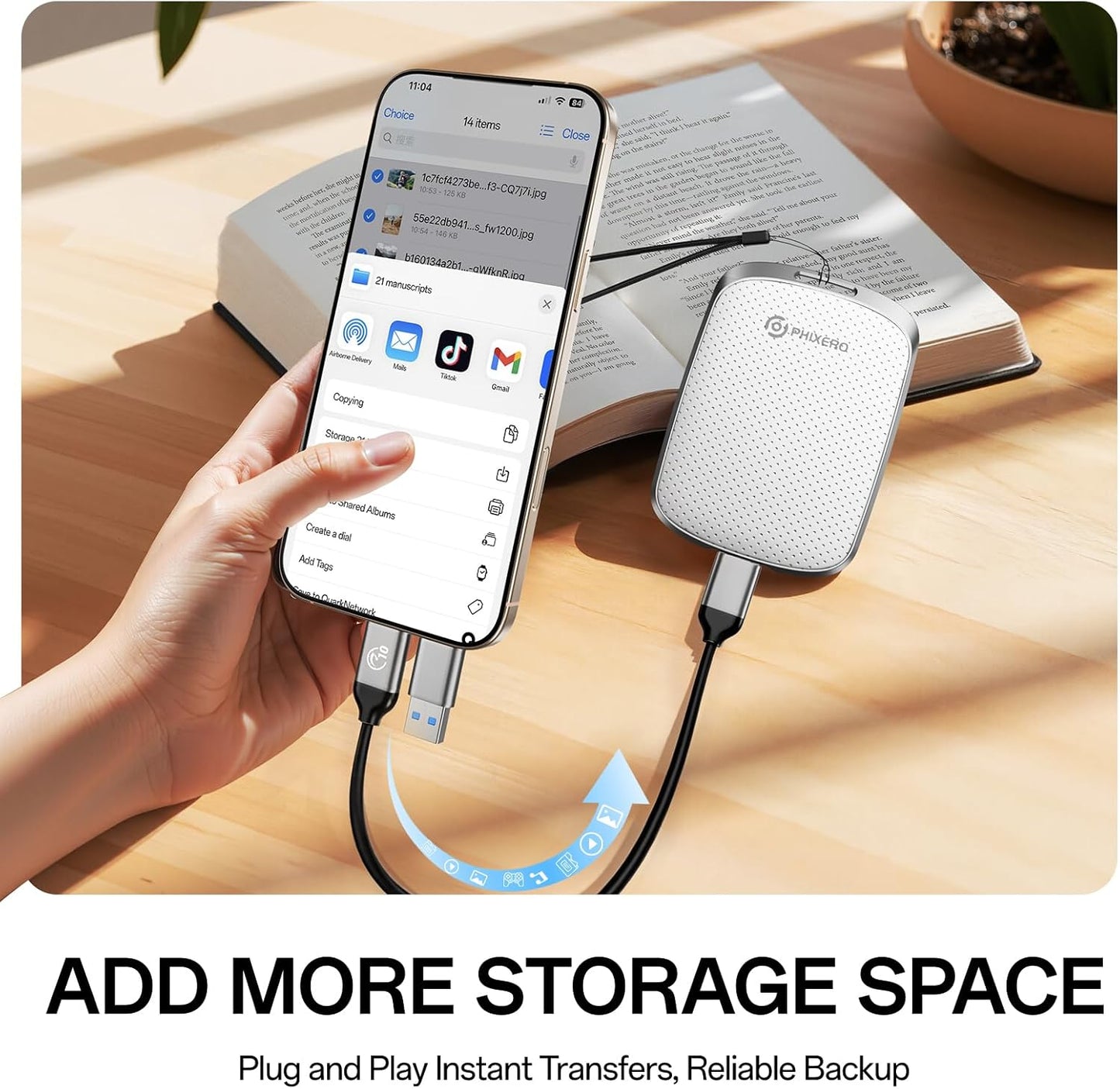 PHIXERO P5PLUS Portable SSD 256GB Up to 550MB/s, USB 3.2 Gen 2 External Solid State Drive，USB C to C&A for Smartphone，Tablet，PC，Labtop (White)