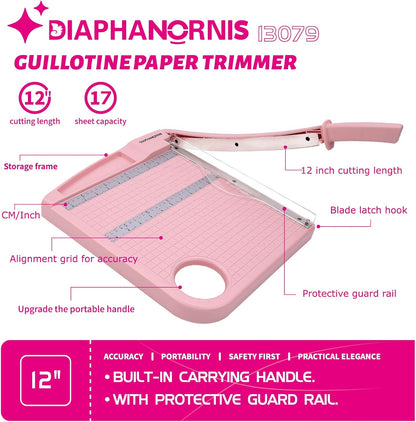 Paper Cutter Trimmer for Office&Crafts, Heavy Duty Guillotine Paper Trimmer with Portable Base Design/Safety Protection and Blade Lock, Paper Cutter 12 Sheets, Cardstock/Laminate (Pink)