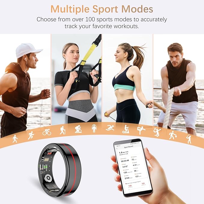 Fit Ring, Smart Health Rings for Women Men with Heart Rate,Blood Oxygen,HRV,Stress Level, Sleep Monitor, Step Tracker, No Subscription Fee, IP68 Waterproof Smart Ring for iphone &Android (Black, 10#)