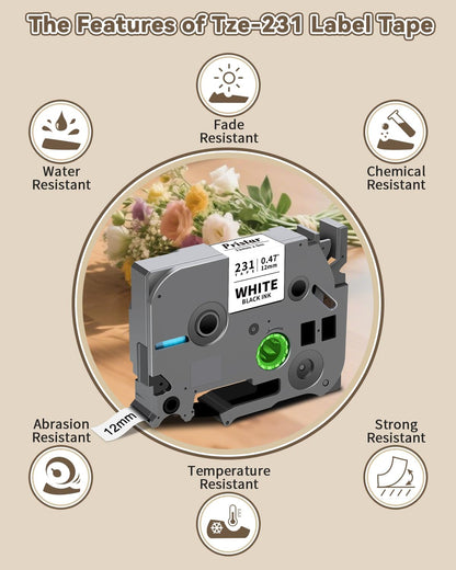 Replace for Brother Label Maker Tape 12mm 0.47 Laminated Black on White TZe-231 TZe231 TZ Tape, PTouch Compatible with Brother P Touch D210 D220 H110 D600 D400 1750 2030 Label Maker Refills, 5X