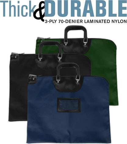 BankSupplies HIPAA Locking Courier Bags with Handles & Card Holder Keyed Differently - Forest Green - 19W x 15H - Durable Laminated Nylon Fabric - Metal Pop