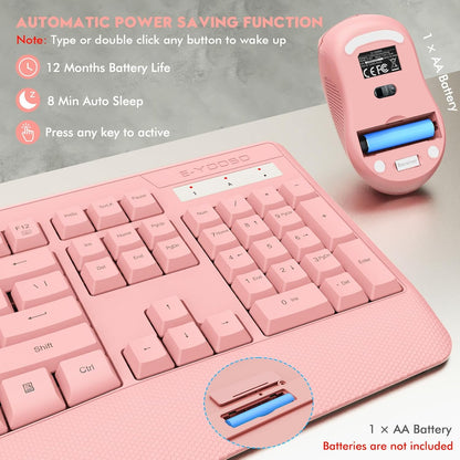 Wireless Keyboard and Mouse Combo, E-YOOSO 2.4GHz Full Sized Ergonomic Wireless Keyboard with Wrist Rest, 3 DPI Adjustable and 6 Buttons Cordless USB Mouse for Computer, Laptop, PC, Windows (Pink)