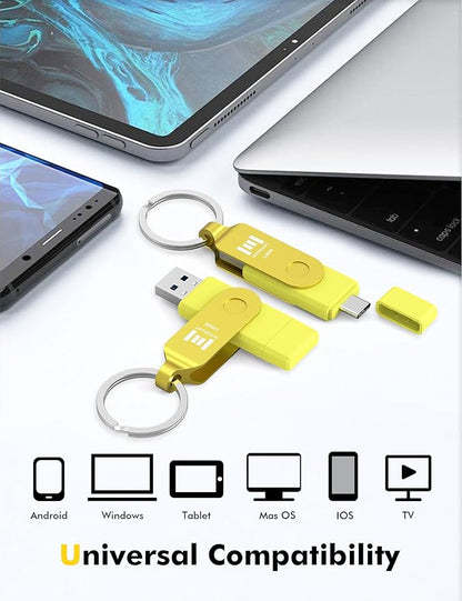 MOSDART 128GB USB3.1 Fast Speed C and A Dual Flash Drive, exFAT Memory Stick with Keychain and LED Indicator, for iPhone 15,16, 17, Android Phone, iPad, MacBook, and Other Laptops,Yellow