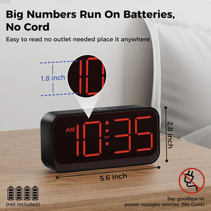 Battery Operated Digital Clock: Cordless Small Alarm Clock for Bedroom Travel - Large Numbers 4 Dimmers for All Ages Red Digits