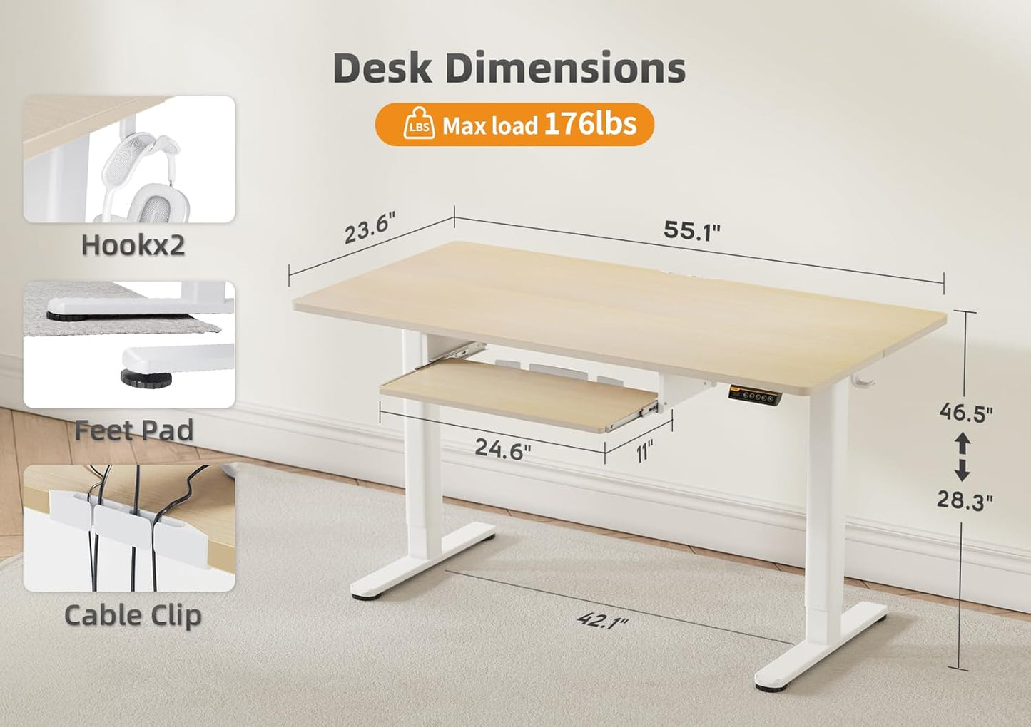 Claiks Standing Desk with Keyboard Tray, Electric Standing Desk Adjustable Height, 55x24 Inches Sit Stand up Desks with Splice Board, Raising Desks for Home Office, Natural