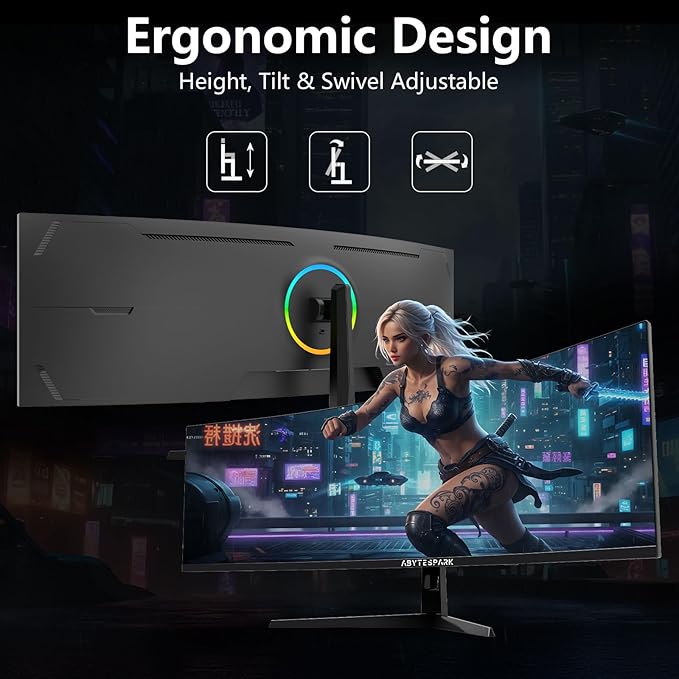 49 Inch Curved Ultra Wide Gaming Monitor, 5K (5210x1440P), 144Hz/165Hz 1500R, 32:9 127% sRGB, FreeSync, Height Adjustable Screen Monitor, HDMI 2.1 And DP 1.4, Supports Wall Mounted Installation