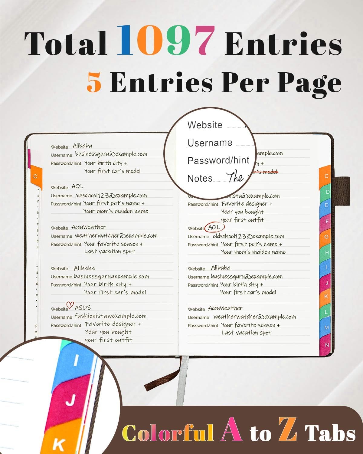 Password Keeper Book with Colorful Alphabetical Tabs, Hardcover Password Log-book for Internet Password and Website Address, 5.8"×8.4" Password Notebook for Home Office (Chocolate, Medium (5.8 x 8.4 Inch))