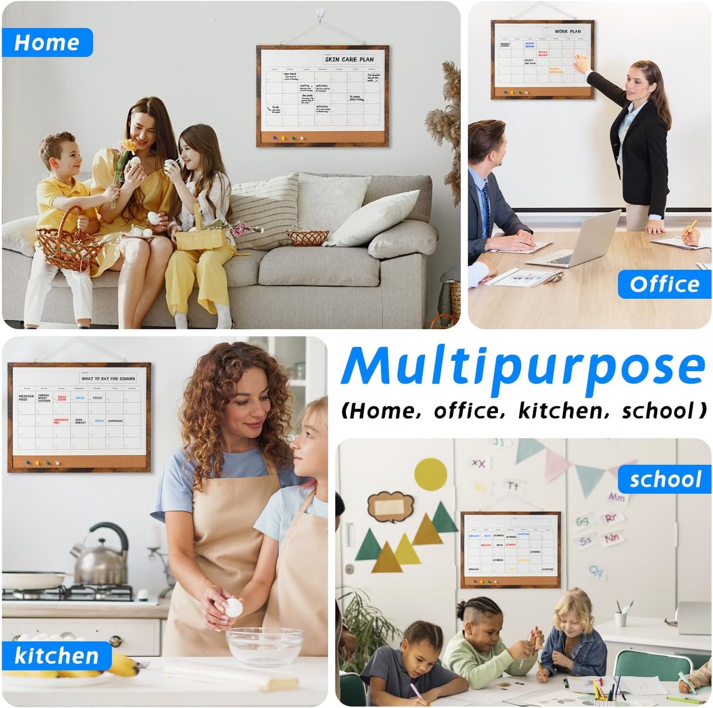 Dry Erase Calendar Whiteboard, 17" x 13" Magnetic Whiteboard Cork Board Combo, Reusable Monthly Planner with 8 Markers, Eraser, Magnets and Pushpins, Hanging Dry Erase Board for Home, School - Brown