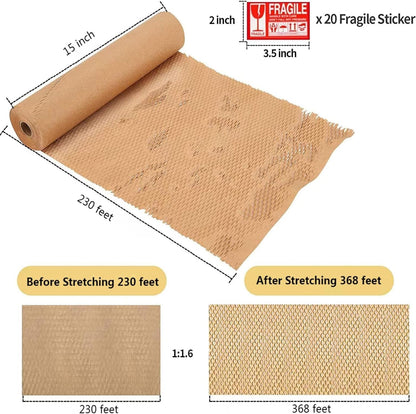 Honeycomb Packing Paper, HONSREO 15in x 300ft Eco Friendly Recyclable Cushioning Material, Bubble Wrap for Moving Shipping Breakable Supplies with 20 Fragile Sticker Lables (Brown)