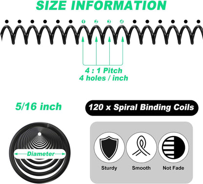 Leinuosen 120 Pack Plastic Spiral Binding Coils Kit Spirals Multi Size Coils for Binding Binder Combs Spines(5/16 Inch,Black)