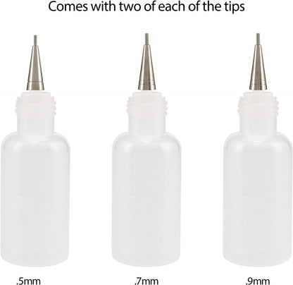 Flo Line Precision Tip Applicator Bottle - Fine Tip Squeeze Bottles for Fluid Media, Inks, Acrylics, Watercolor, Quilling, Paint Bottles with Tip Pack of 6 - 0.5oz bottles w/ 0.5, 0.7, 0.9 Metal Tips
