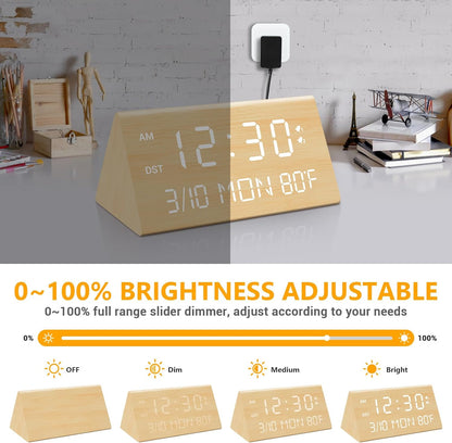 Kogonee Wooden Digital Alarm Clock, 0-100% Dimmer, 2 Alarm Settings, Weekday/Everyday Mode, 9 Mins Snooze, 12/24H, Temperature and Date Display for Office, Travel, Bedroom Alarm Clock (Bamboo)