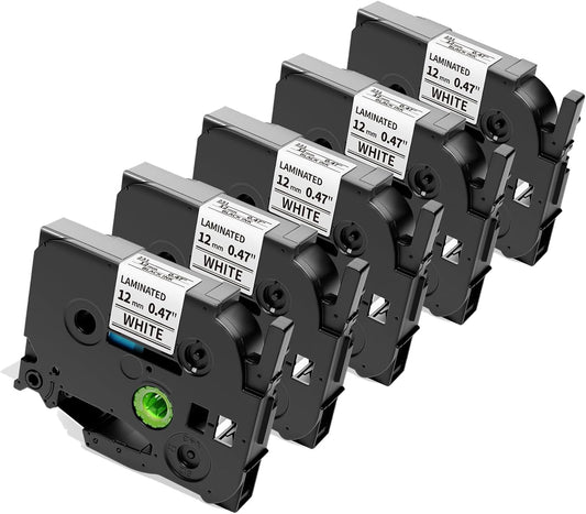 Anycolor Compatible with Brother P Touch Label Tape TZe TZ Tape 12mm 0.47 Laminated White Replace for TZe-231 Label Maker Tape Ptouch PT-D210 PT-D220 PT-H110 PT-D610BT PT-D600 PT-D410 PT-D400, 5pk