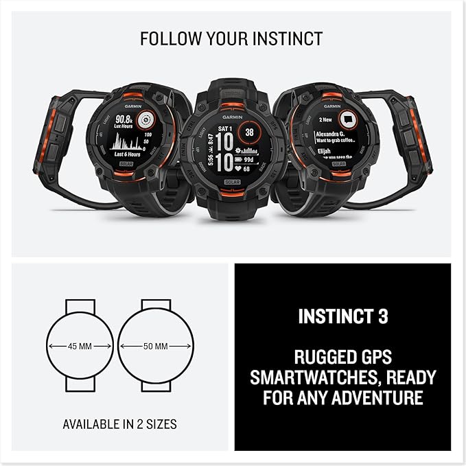 Garmin Instinct® 3 45mm, Solar Charged Display, Rugged Outdoor GPS Smartwatch, Metal-Reinforced Bezel, Built-in Flashlight, Black