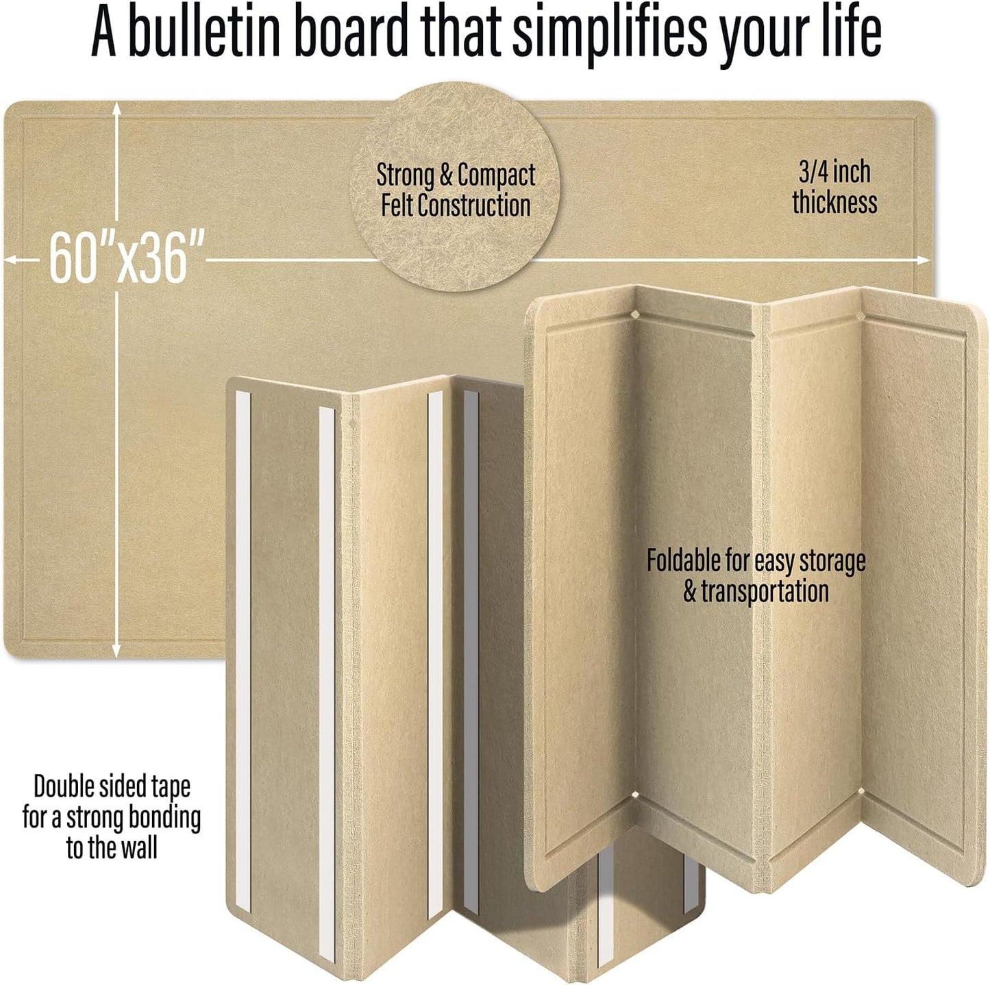 Large Bulletin Board 60 x 36 Inches - Foldable Felt Bulletin Board for Wall, Cork Board Alternative with 114 Wood Pins & 12 Note Pads, Vision Board - Khaki