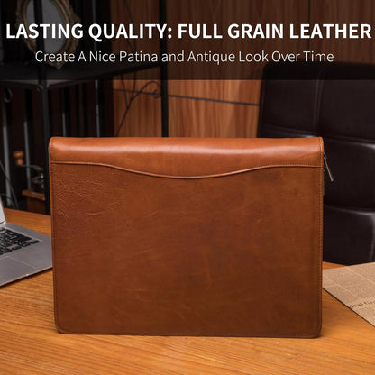 Personalized Genuine Leather Portfolio, Legal Size 8.5 x 14 Pad Holder, Custom Engraved Business Padfolio for Men Women, Zippered Laptop Organizer, Professional Notepad Folio, Brown, Oil Tanned