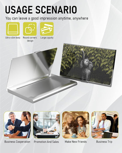 Business Card Metal Slim Organizer, Professional Stainless Steel Square Pocket Wallet for Office Workers, Compact and Portable for Pockets (Elephant A)