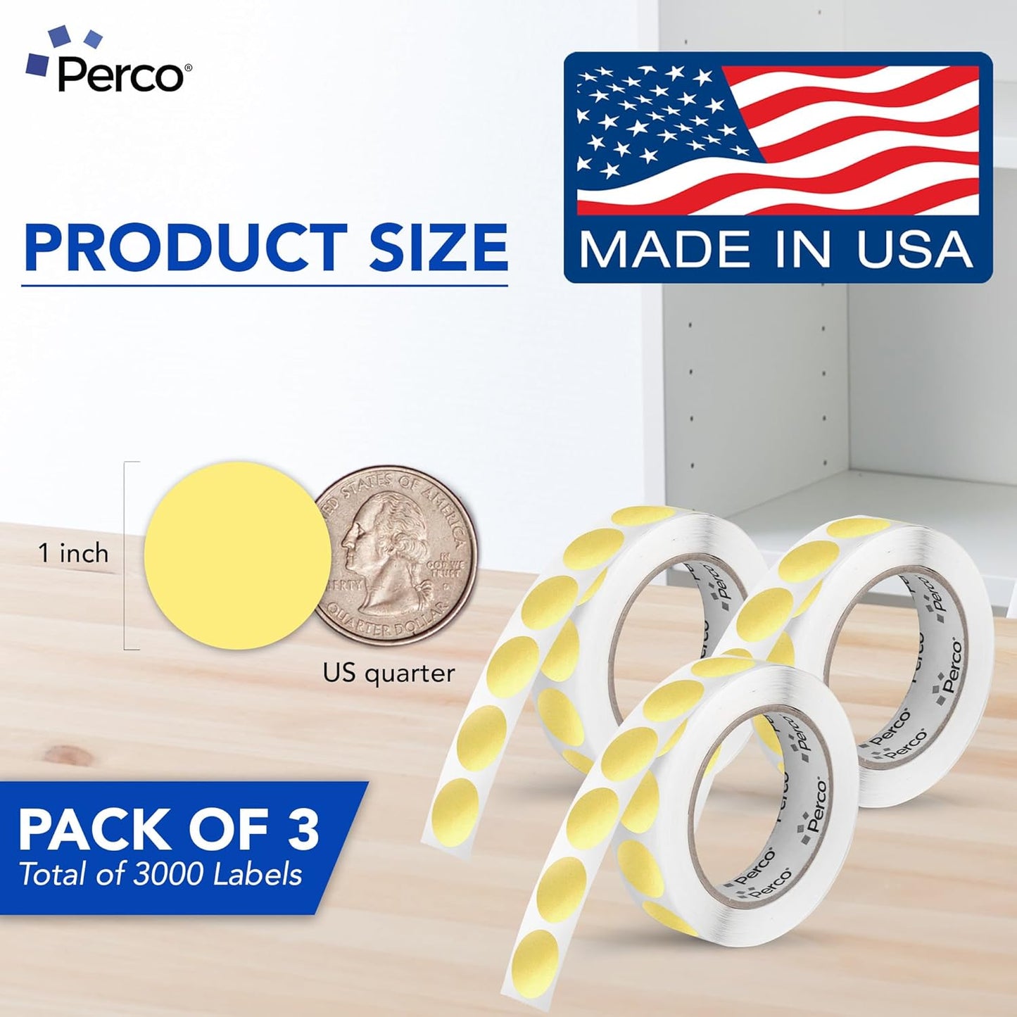 Perco Metallic Gold 1" Round Circle Dot Sticker Labels for Wedding Invitations - Multi-Roll Pack, 3 Rolls, 1,000 Labels Each - Permanent Adhesive, Vibrant Colors - Perforated for Easy Use, Made in USA