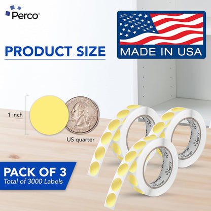 Perco Metallic Gold 1" Round Circle Dot Sticker Labels for Wedding Invitations - Multi-Roll Pack, 3 Rolls, 1,000 Labels Each - Permanent Adhesive, Vibrant Colors - Perforated for Easy Use, Made in USA