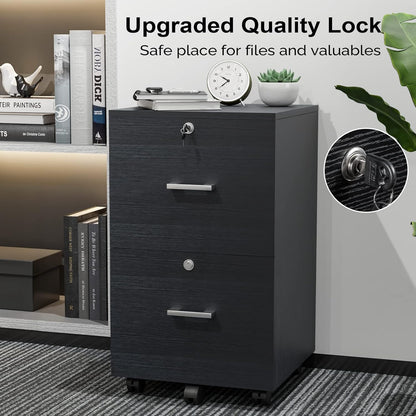 VINGLI 2-Drawer File Cabinet with Lock, Small Rolling Wood Filing Cabinet for Hanging Letter Size Filings with Tabs, Mobile Under Desk File Organizer for Home Office, Classic Black, 27.2" H