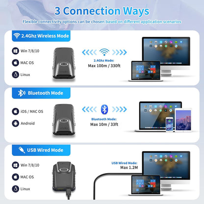 NETUM Bluetooth 2D Barcode Scanner, 3-in-1 Small Portable QR Bar Code Reader Automatic Wireless Gun Scan Back Clip Work with Tablet iOS Android Windows MacOS for Warehouse Inventory POS (2D - E800)