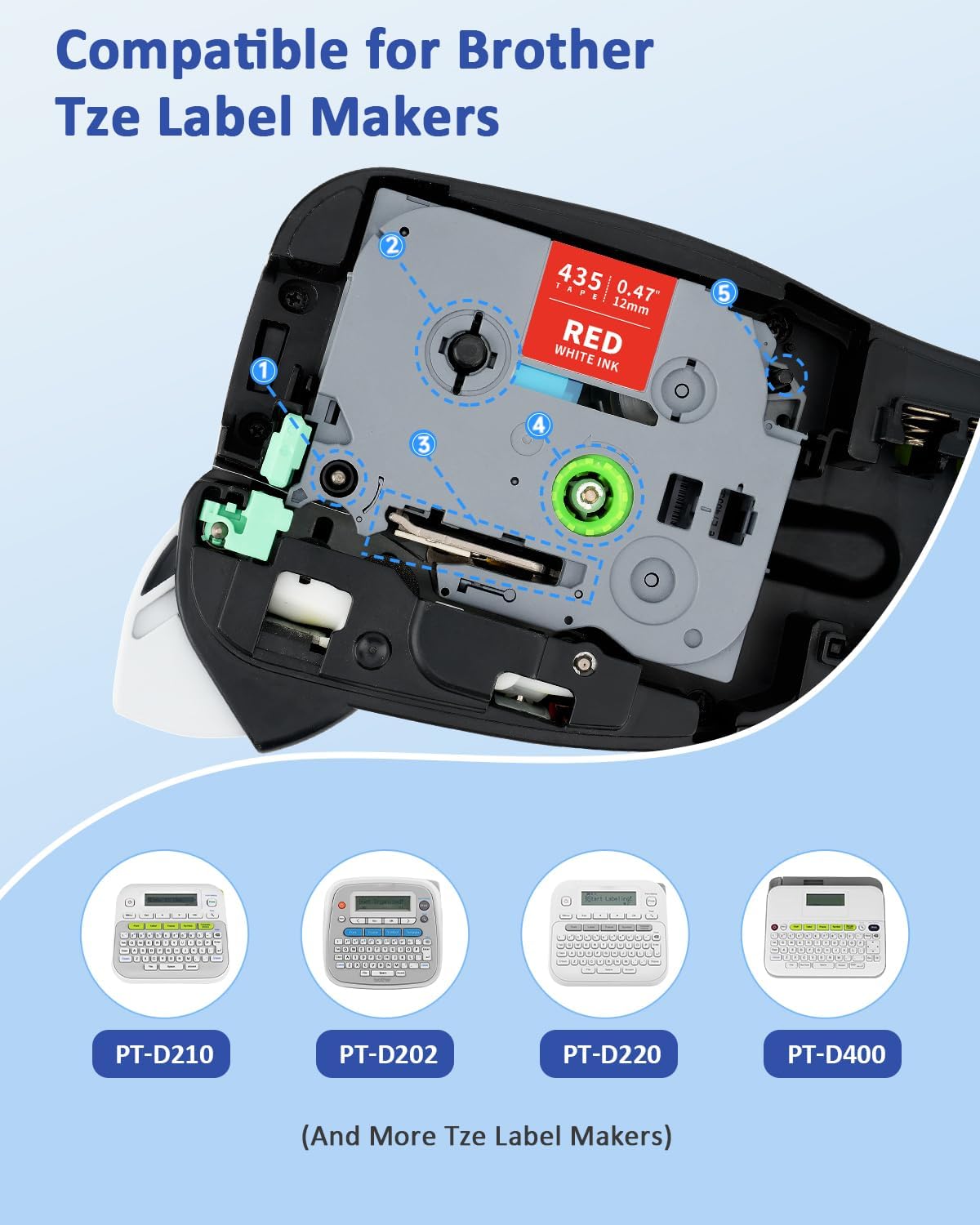 Tz Tape Tz-435 White on Red Label Tape Compatible for Brother Tze-435 Tze435 12mm 0.47 Laminated Tze 1/2 Refill Work for Brother Label Maker P-Touch PT-D210 PT-H110 PT-D220 PT-D200 PT-D400 PT-1080