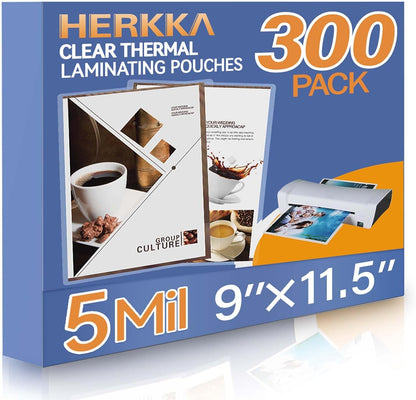 HERKKA 300 Pack Laminating Sheets, Holds 8.5 x 11 Inch Sheets, 5 Mil Clear Thermal Laminating Pouches 9 x 11.5 Inch Lamination Sheet Paper for Laminator, Round Corner Letter Size