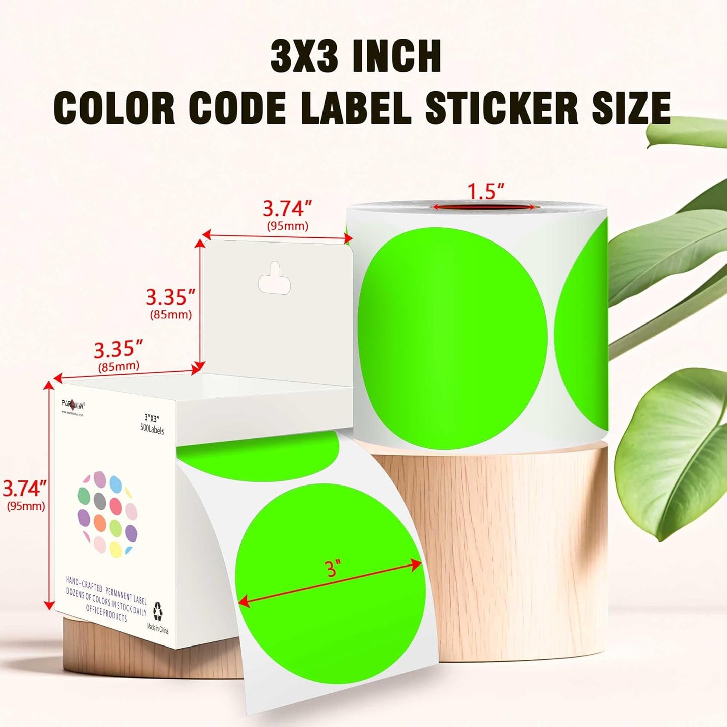 PARLAIM 3”Color Coding Labels Stickers,4Rolls/2000per Dispenser Box Round Adhesive Circle Dot Stickers for Inventory Office Home (Fluorescent Green)