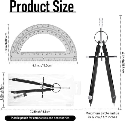EBOOT Student Geometry Math Set, Drawing Compass and 6 Inch Clear Swing Arm Protractors 180 Degree Math Protractor (Black and Black)