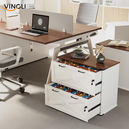 VINGLI 2 Drawer File Cabinet with Lock, Home Office Filing Organizer, for Letter Legal A4 Size File Folder Storage, Modern Farmhouse, Wood Lateral Filing Cabinet, Archivador (Rustic White & Brown)