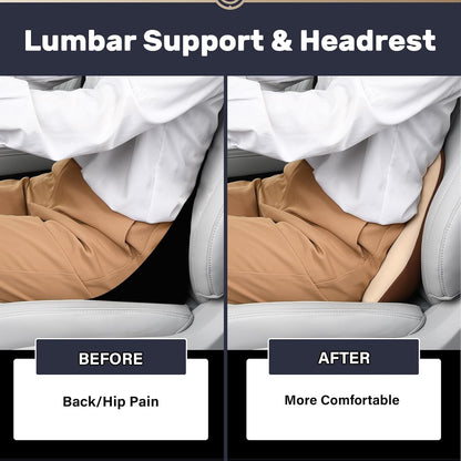 Coverado Lumbar Support and Car Neck Pillow, Ergonomic Memory Foam Desk Chair Cushion and Headrest Pillow for Car Office Chair, Sciatica & Neck & Tailbone Pain Relief Cushion-Beige