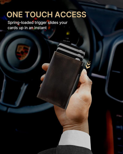 typecase Mens Wallet Card Holder: Pop Up Aluminum Case, Full Grain Leather, RFID Blocking, Smart, Slim, Minimalist, Front Pocket - 9-14 Card Capacity | ID Window | Cash Slot (Burnished Black)