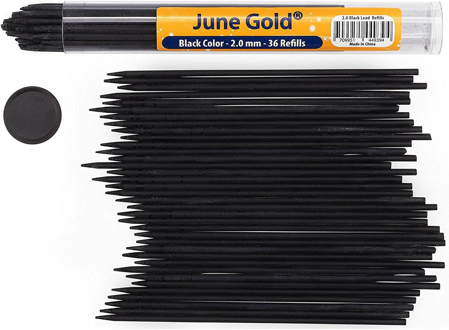 June Gold 36 Black (Raven #108) Colored 2.0 mm (NOT GRAPHITE) Lead Refills, Bold Thickness for Heavy Use, Break Resistant with a Convenient Dispenser