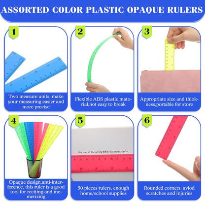 Zonon 50 Pcs 6 Inch/12 Inch Plastic Rulers Bulk Flexible Straight Rulers with Inches Centimeters First Day of School Gift Students Back to School Office Home Supplies(Colorful,12 Inch)