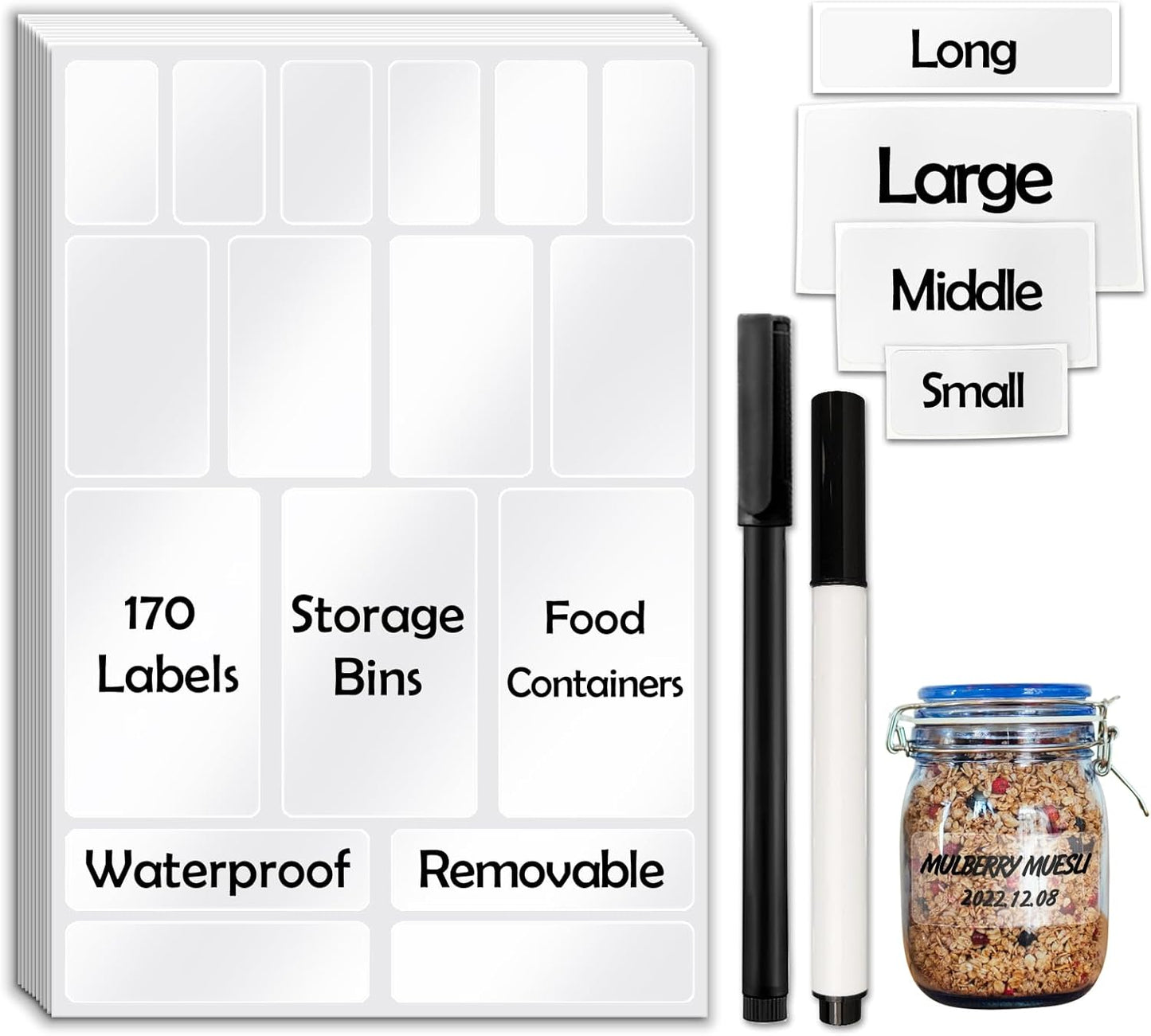 170Pcs Clear Removable Labels for Jars,for Storage Bins,for Food Containers with 2 Liquid Chalk Marker(Transparent)