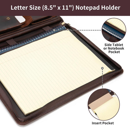 Personalized Genuine Leather Portfolio with Hidden Handle, Zippered Front Pocket, 8.5 x 11 Notebook Holder, Custom Engraved Business Legal Padfolio Travel Folio for Men Women, Dark Brown
