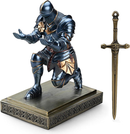 Medieval Armored Warrior Knight Pen Holder Desk Organizers and Accessories Resin Pencil Holder Paperweight as Gift with a Cool Letter Opener for Desk (Blue)