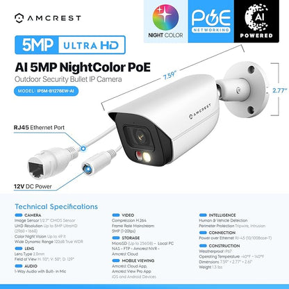 Amcrest 5MP IP PoE AI Camera w/ 49ft Color Night Vision, Security Outdoor Bullet Camera, Built-in Microphone, Human & Vehicle Detection, Active Deterrent, 129° FOV, 5MP@20fps IP5M-B1276EW-AI (White)