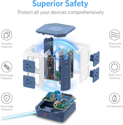 BESTEK PD 65W USB Power Strip Tower Surge Protector, Desktop Charging Station with 8-Outlet Widely Spaced AC Outlets with 2 USB-A USB-C PD3.0 Ports, 4.9ft Heavy-Duty Extension Cord for Home Office
