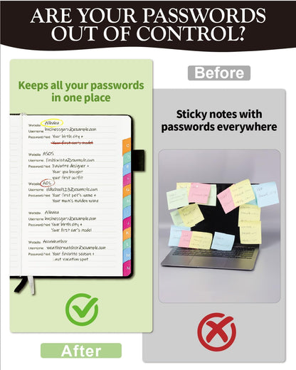 Password Keeper Book with Colorful Alphabetical Tabs, Hardcover Password Log-book for Internet Password and Website Address, 5.8"×8.4" Password Notebook for Home Office (Black)