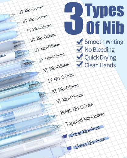 Four Candies 14Pack Pastel Gel Ink Pen Set,Cute Retractable 0.5mm Fine Point Pen,Note Taking Aesthetic Pens,12 Pack Black Ink Pens with 2Pack Highlighter, Smooth Writing Pens for School, Office (Blue)