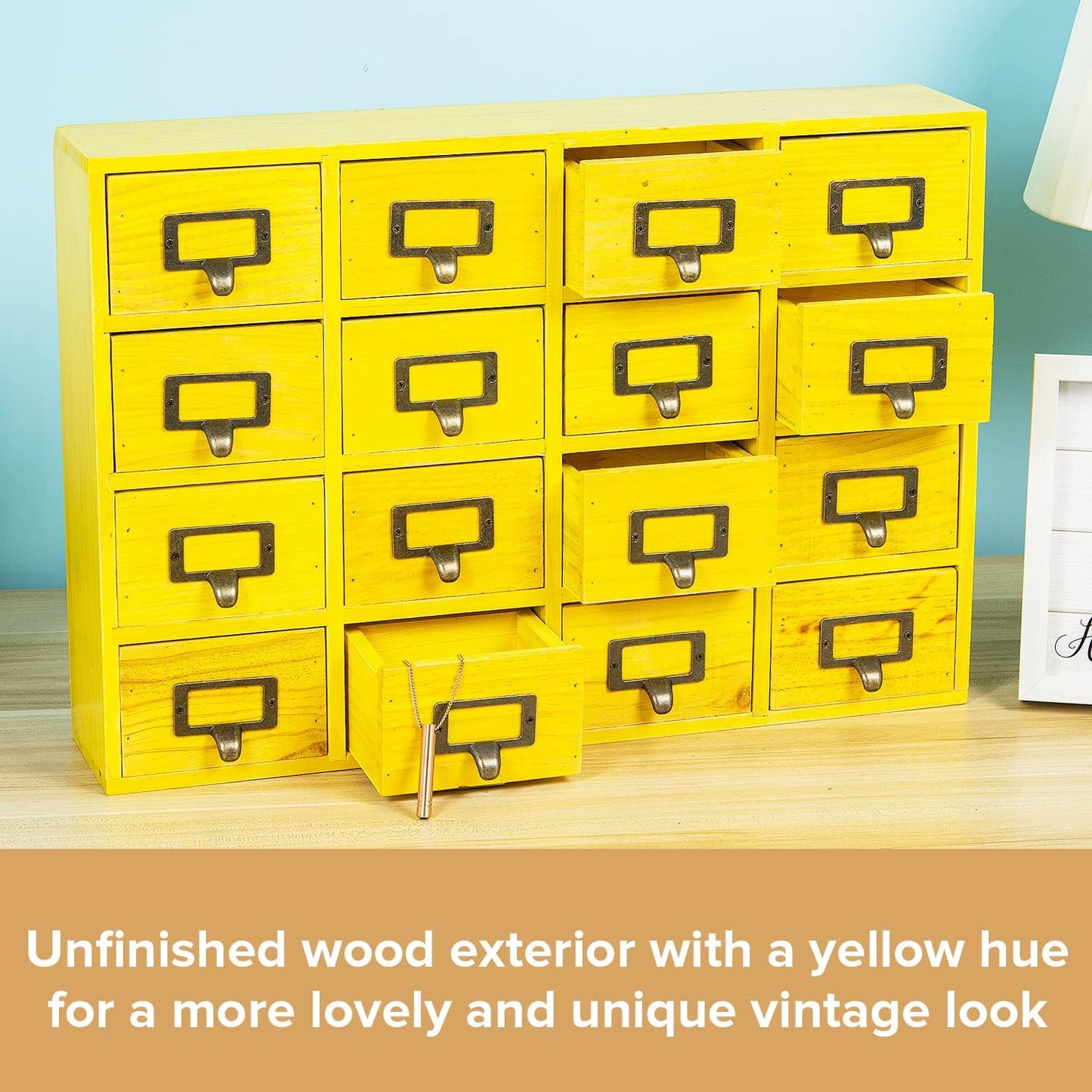 Yellow 16-Slot Wooden Drawer Unit - Country Style Desk Organizer - 20"x3.6”x14” Wooden Storage Box w/ 16 Drawers - Countertop Drawers w/Label Holder & Handle - Slim 4-Level Desk Organizer