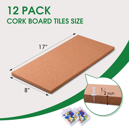 Transform Your Space with GARDYUE's 12-Pack Cork Bulletin Board Tiles - 17 x 8 Inches, 1/2" Thick, Self-Adhesive, Frameless, and Eco-Friendly - Perfect for DIY, Office, School, and Home Decor