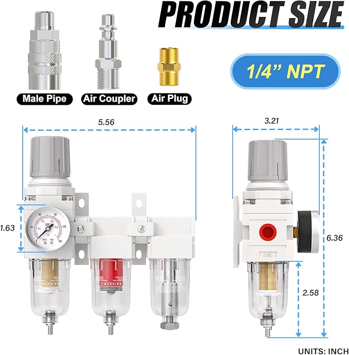 1/4" NPT 3 Stage Aluminium Air Drying System with 150PSI Gauge, Coalescing Filter, Particulate Filter, Desiccant Dryer and Air Regulator, Manual Drain For Plasma Cutter and Paint Spray