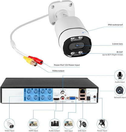 8CH Wired Security Camera System,H.265+ Surveillance Video Recorders with 2 x 2592P 5MP Wired IP66 Bullet Cameras,for Indoor Outdoor Use,500G HDD Included, Email Alert,Mobile APP & PC Remote