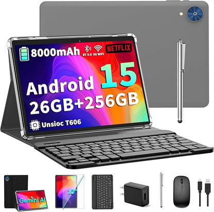 Android 15 Tablet with Keyboard - 26GB+256GB+2TB Expand, Octa-Core, 2.4G/5G Wifi, 8000mAh Battery, Widevine L1, Dual Camera, Face Unlock, 10 Inch 2 in 1 Tablets with Mouse, Stylus (Black Case)