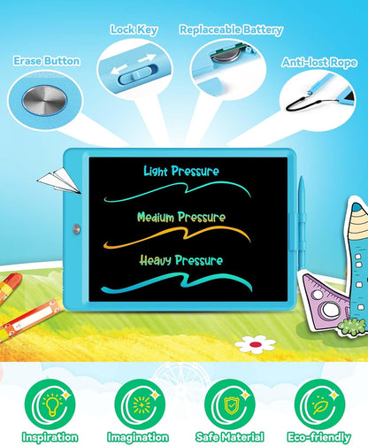 KOKODI 8.5 Inch LCD Writing Tablet with Anti-Lost Stylus, Erasable Doodle Board Colorful Toddler Drawing Pad, Car Travel School Games Toys for 3 4 5 6 7 8 Kids, Birthday Gift for Girls Boys Blue