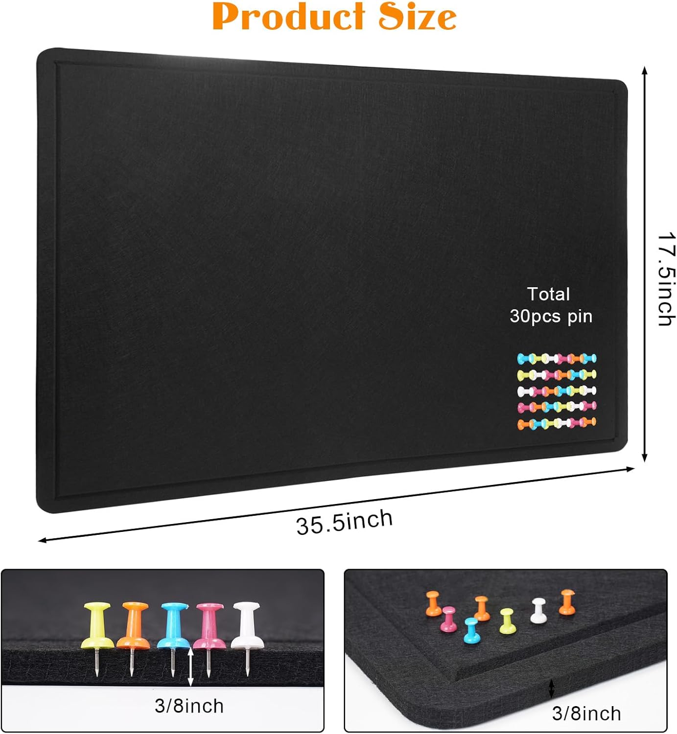 Bulletin Board - 35 x 17.5 inches Decorative Felt Pin Board - Cork Board Alternative for Wall - Foldable Photo Board Self-Adhesive Prayer Board with 20 Pushpins - Black