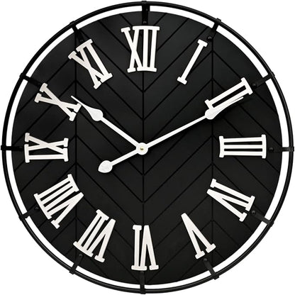 EMAX Large Wooden Wall Clock – Extra Large FarmhouseWall Clock with 3D Roman Numerals & Herringbone Splicing, Black Modern Wood Wall Clock for Living Room